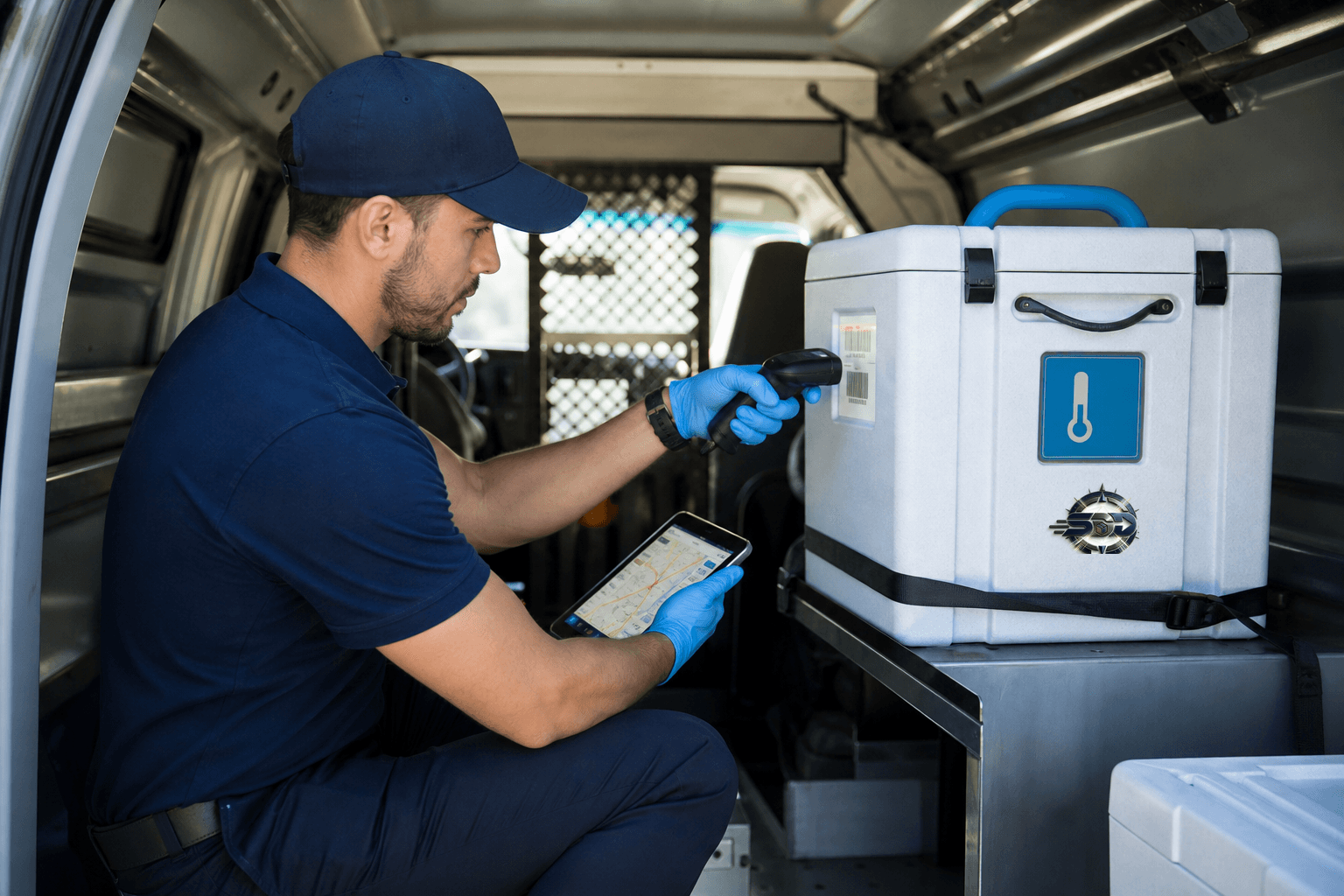 Illustrative image of a courier checking a temperature-controlled shipping container.