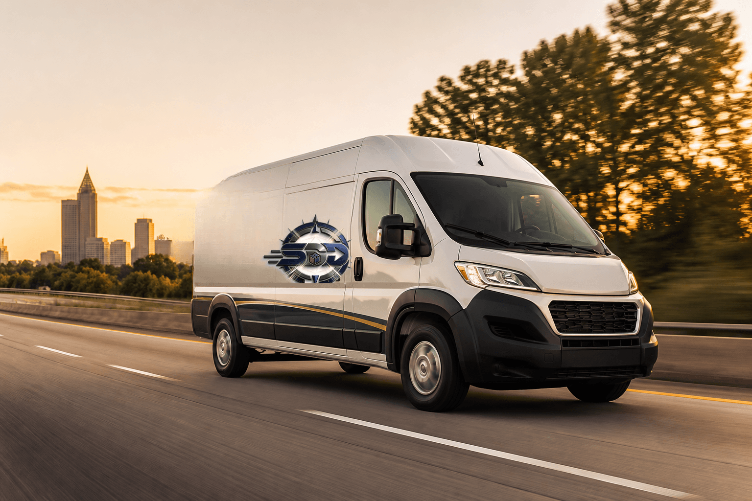 Illustrative image of a delivery van on a highway near Atlanta.