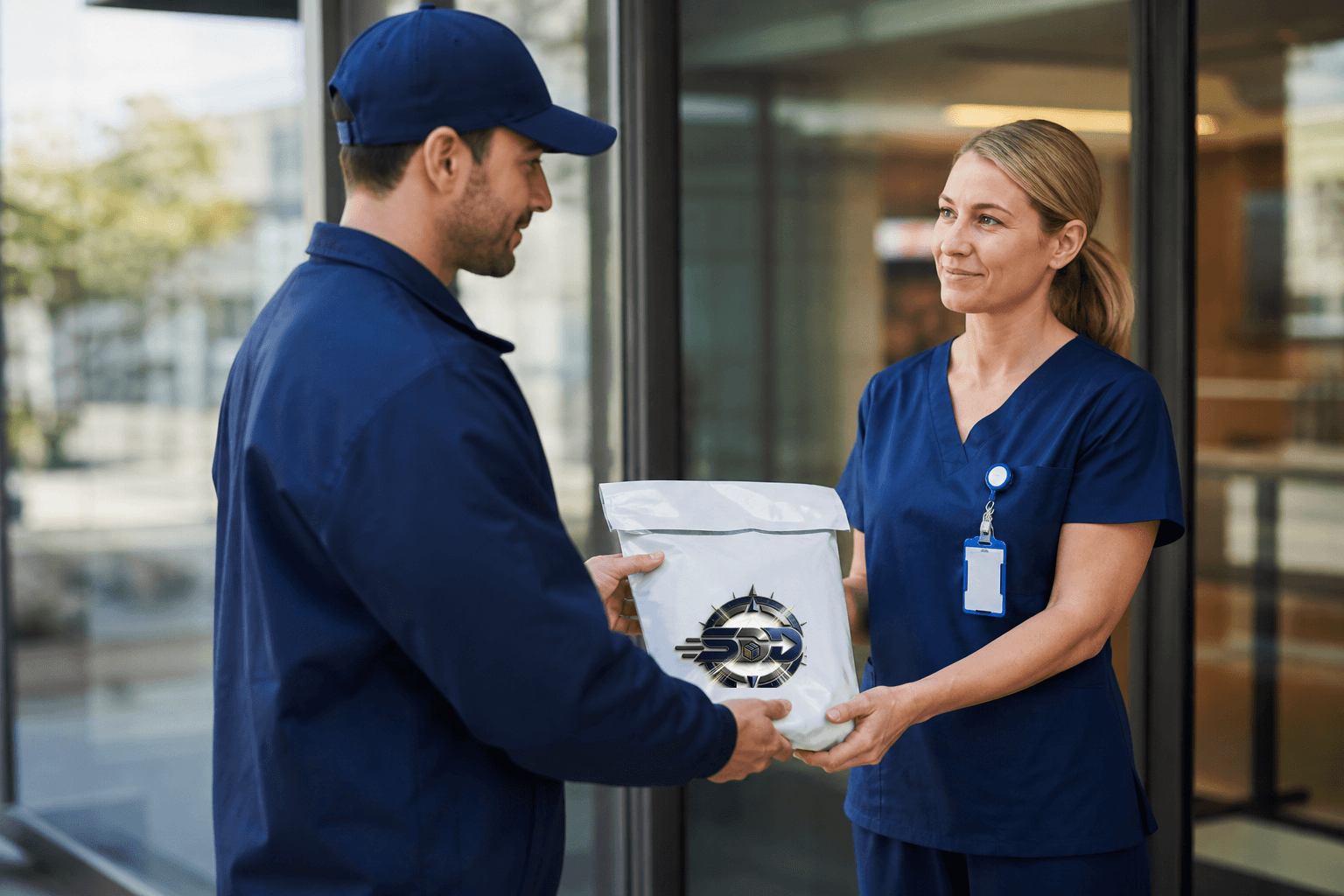 Illustrative image of a courier handing a sealed package to hospital staff.