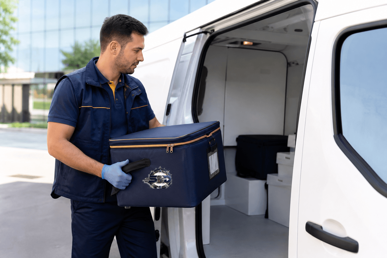 Illustrative image of a courier loading an insulated specimen carrier into a van.
