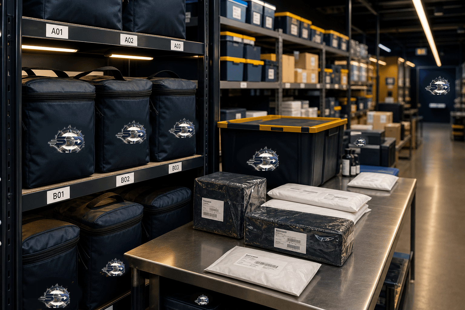 Illustrative image of delivery bags and packages staged on shelves.