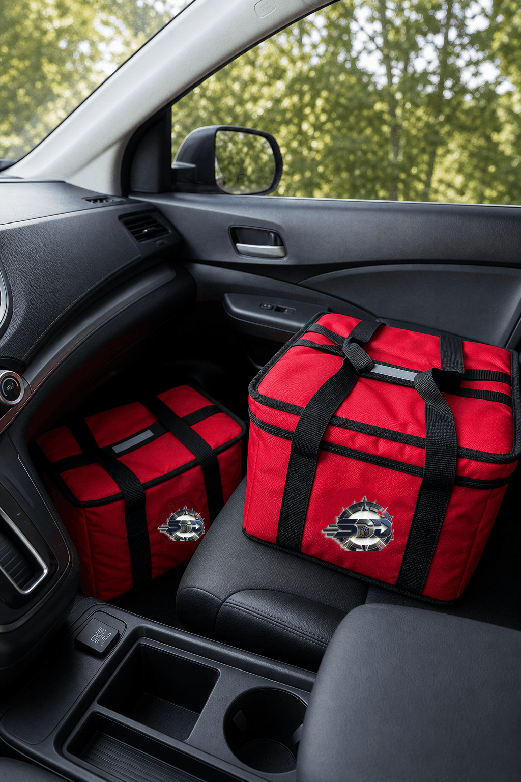 Insulated delivery bags on the seat of a passenger vehicle.