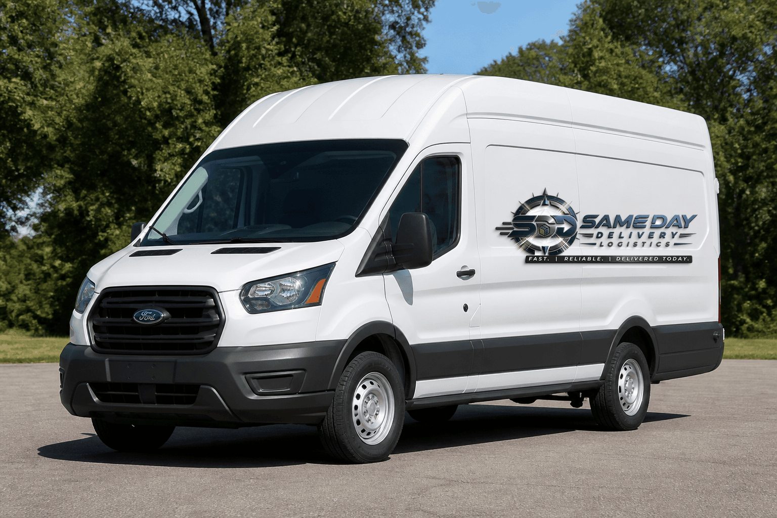Illustrative image of a cargo van with Same Day Delivery Logistics branding.