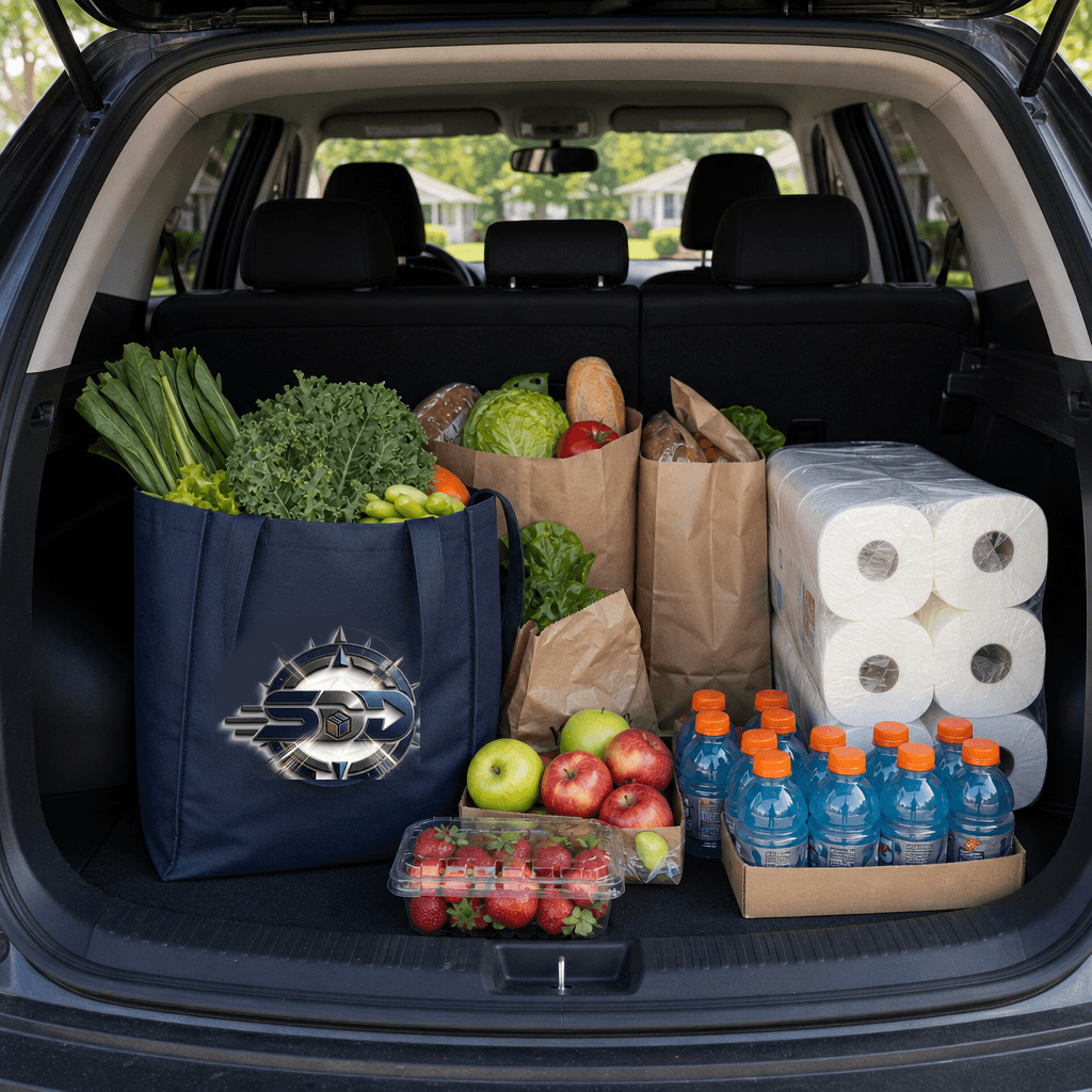 Illustrative image of grocery and household items packed in a vehicle for delivery.